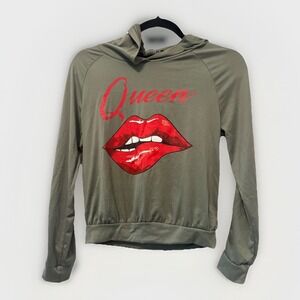 Bit Lip Crop Hoodie Queen long sleeve‎ Olive Green top SIZE medium